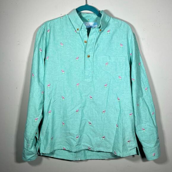 Chubbies Mens Popover Shirt Small Mint Green Embroidered Flamingo Long Sleeve - Picture 1 of 9